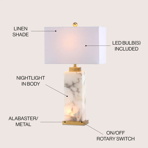 White Gold Modern Alabaster Rectangular Table Lamp With Night Light For Bedroom Coastal Vibe Bedside Lamp With White Linen Shade