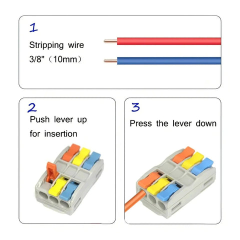 Multi In Out Wire Connector Terminal Block For Fast Tool Free Splicing Of Solid Stranded Copper Cables In Junction Boxes With Flame Retardant Pa66 Housing And Tin Plated Contacts Supporting Up to 32 Amps Perfect For Lighting Projects, 3/8 in stripped wires