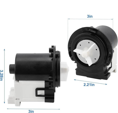 Washer Drain Pump Motor Replacement For LG And Kenmore Direct Fit Replaces AP5328388, shown with dimensions 3.28x3x2.21 inches