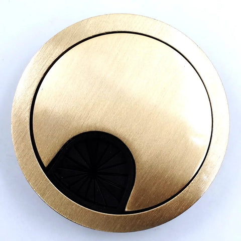 Slick Brushed Gold Desk Grommet Pack Of Two With No Fuss Cable Routing And Smooth Removable Lids For Heavy Duty Wire Organization In Your Clean Home Office Setup, top view of grommet.