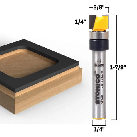 Pro Grade Router Bits Flush Trim Pattern Set Featuring Two Solid 1/4 Inch Shank Cutters And Durable Tungsten Carbide Edges For Knockout Cabinet Work That You Will Simply Love showing a 3/8 inch cutter.