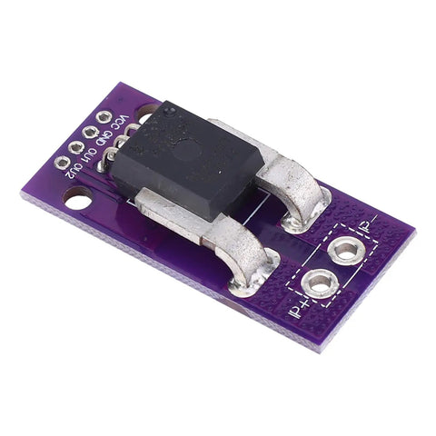 Kickass 50A High Side Hall Effect Current Sensor Module with metal connectors on a purple PCB for power monitoring projects.