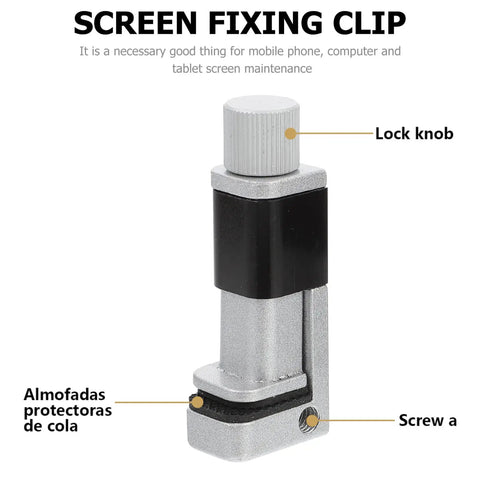 Screen Fixation Clip Set For Phones And Tablets Adjustable Non Scratch Rubber Lining Clamps For Quick Easy Screen Repair And Maintenance Perfect For Fast Install And Secure Hold, silver clamp with lock knob.