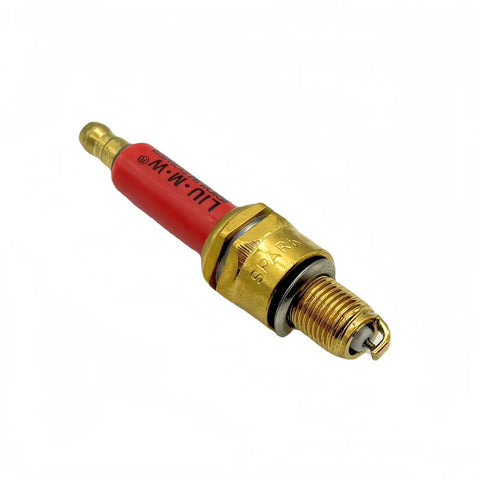 6 Pin Racing DC CDI Box With A7TC Iridium Spark Plug for GY6 engines, close-up view of red and gold spark plug