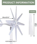 Beefy 12000W Wind Turbine Generator With 8 Blade Windmill showing rotor diameter and blade size for residential use.