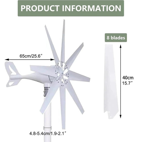 Beefy 12000W Wind Turbine Generator With 8 Blade Windmill showing rotor diameter and blade size for residential use.