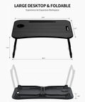 Foldable Laptop Bed Desk With Cup Holder, Tablet Slot And Lifting Handle, showing dimensions and foldable feature.