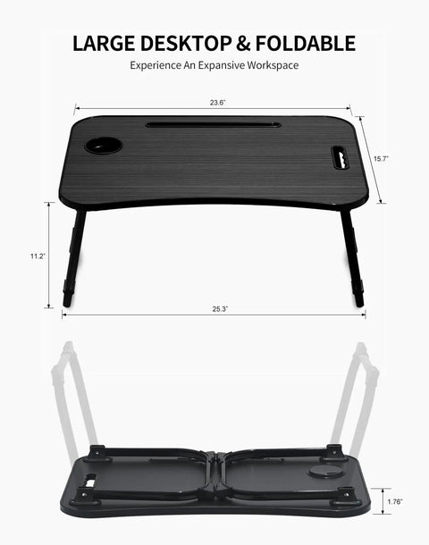 Foldable Laptop Bed Desk With Cup Holder, Tablet Slot And Lifting Handle, showing dimensions and foldable feature.