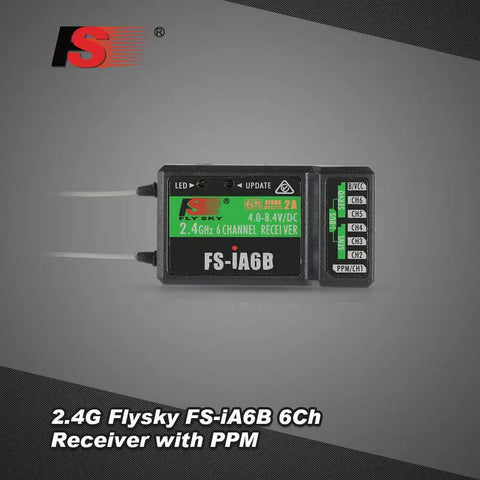 Flysky FS IA6B 6 Channel 2.4GHz AFHDS 2A Receiver front view with labels and connectors visible.