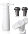Original Saver Wine Bottle Stopper Set With Pump and 2 Vacuum Stoppers, white pump, and black stoppers on white background.