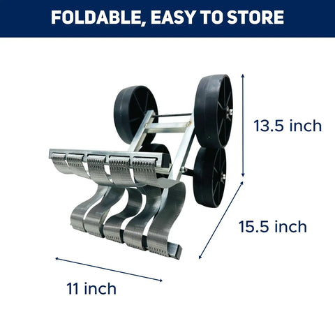 Foldable rolling garden stool for farm work heavy duty roller with wheels shown in folded position for easy storage.
