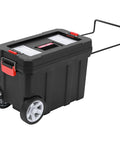 Rolling tool box with wheels and handle, black plastic body, closed lid with compartments. Not 17 Inch Tool Box With Mixed Plastic Lid And Metal Body.