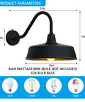 Gooseneck Barn Light With 15 Inch Arm Dusk To Dawn Outdoor Porch Fixture with dimensions and compatible bulb types diagram.