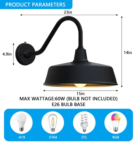 Gooseneck Barn Light With 15 Inch Arm Dusk To Dawn Outdoor Porch Fixture with dimensions and compatible bulb types diagram.