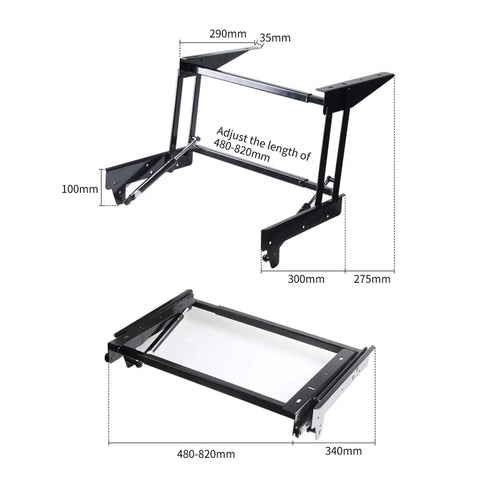 One Piece Folding Lift Hinge With Air Spring Mechanism Drops Like Butter built from cold rolled steel, adjustable lengths 480-820mm.
