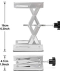 Front and side view of stainless steel lab jack scissor stand with 4x4 in platform and adjustment knob