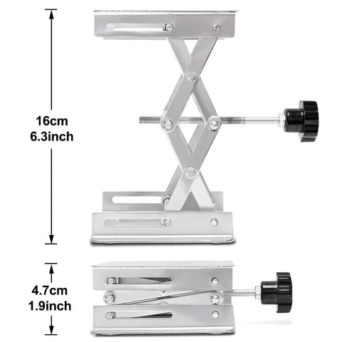 Front and side view of stainless steel lab jack scissor stand with 4x4 in platform and adjustment knob