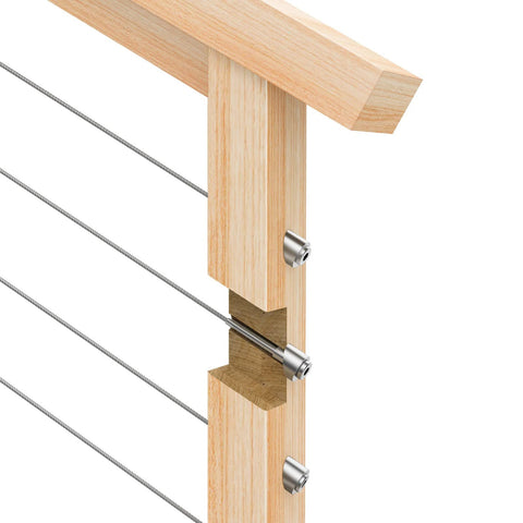 Thirty Degree Angled Beveled Cable Railing Washers With Five Sixteenth Inch Inside Diameter Stainless Steel Pack Of Twenty For One Eighth And Three Sixteenth Inch Invisible Cable Railing Hardware And Stair Railing Posts installed on wooden railing post