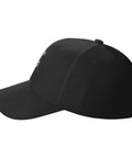 Side view of Adjustable Washed Baseball Cap Dad Hat For Adults, Plain Trucker Style, black, with back strap for work and play.