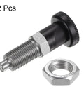 Pair Of Stainless Steel Push Fit Ball Nose Spring Plungers And M16x1.5 Return Knobs with nut, showing 8mm pin and knurled grip.