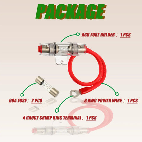 Badass AGU Fuse Holder Rated For 60 Amps Packed With 8 Gauge AWG Oxygen Free Copper Wire with two fuses and terminal.