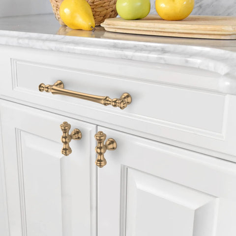 Champagne Bronze Cabinet Pulls Set 5 Inch 128mm Hole Center 10 Pack installed on white kitchen cabinets