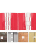 Clear Self Adhesive Folding Hinge Set, Acrylic 20 Pack shown with double sided backing, close-up view on red background