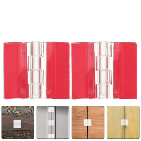 Clear Self Adhesive Folding Hinge Set, Acrylic 20 Pack shown with double sided backing, close-up view on red background