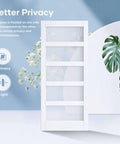 36x84 Inch Glass Sliding Barn Door Slab With 6.6 Ft Hardware Kit Included Five Frosted Glass Panes LVL Wood Core Covered In White Waterproof Scratch Proof PVC Surface Built To Last And A Snap To Install For A Clean Modern Look, shown with privacy and light symbols.