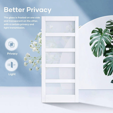 36x84 Inch Glass Sliding Barn Door Slab With 6.6 Ft Hardware Kit Included Five Frosted Glass Panes LVL Wood Core Covered In White Waterproof Scratch Proof PVC Surface Built To Last And A Snap To Install For A Clean Modern Look, shown with privacy and light symbols.