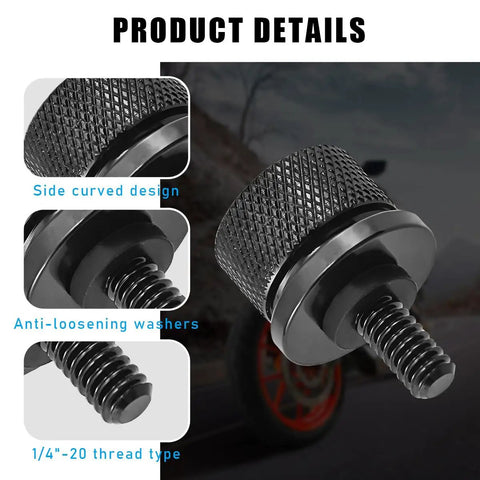Heavy Duty Aluminum Knurled Motorcycle Seat Bolt Screws Featuring No Fuss Quick Swap, showcasing side curved design and anti-loosening washers.