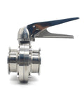 Side view of a stainless steel 304 butterfly valve with blue trigger handle and EPDM seal, 2" tri-clamp ends.