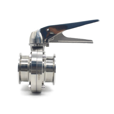 Side view of a stainless steel 304 butterfly valve with blue trigger handle and EPDM seal, 2" tri-clamp ends.