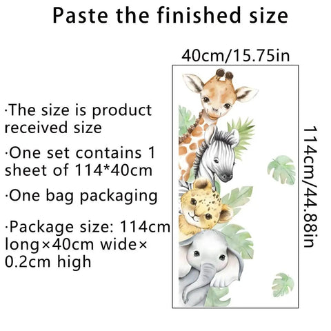 Jungle Safari Animal Wall Decals Set With Watercolor Elephants Lions Monkeys Kid Friendly Sticker Kit dimensions and packaging