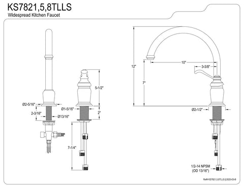Technical drawing of Templeton Single-Handle Widespread Kitchen Faucet in Brushed Nickel with dimensions and specifications.