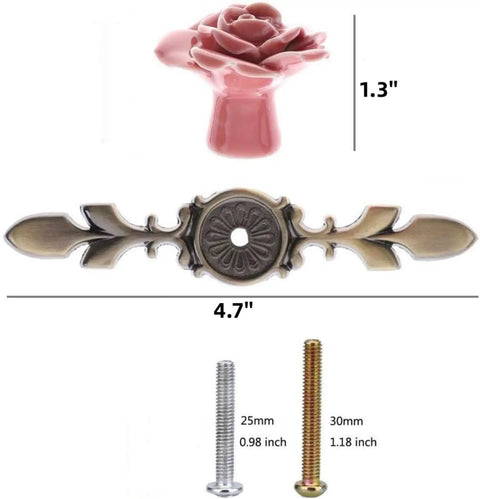 Ceramic Rose Cabinet Knobs With Bronze Backplates In Cute Pink Vintage Flower Drawer Pull Handles For Dresser Cupboard Wardrobe Includes Mounting Screws 4 Pack, showing knob size and screws