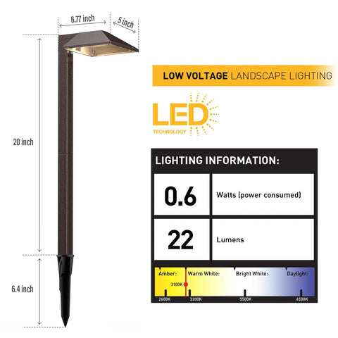Diagram of Low Voltage Outdoor Pathway Lighting Kit With 0.6W LED 3100K Warm White 12V Metal Path Lights, product dimensions shown.
