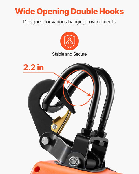 Wide opening double hooks on 3 In 1 Electric Hoist Winch 1100 Lb Capacity 1500W with 2.2-inch gap for versatile lifting.