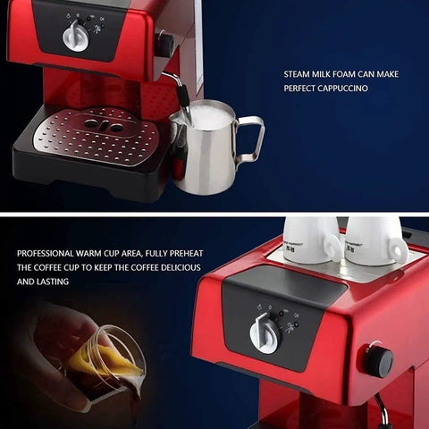 Semi Automatic Espresso Machine With 15 Bar Pressure, Fast Heating, Milk Frother Wand, 1.4L Water Tank, Red Coffee Maker
