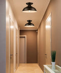 2 Pack Industrial Semi Flush Mount Ceiling Lights in Rustic Black Metal Finish, hallway view, vintage farmhouse vibes, modern yet timeless