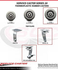 Tool Box Caster Wheel Set For Heavy Duty Mobility 6 Inch Non Marking Thermoplastic Rubber Flat Tread Wheels Industrial Grade Two Swivel With Top Lock Brakes Zero Maintenance Smooth Toolbox Rollability; Service Caster Series 20 thermoplastic rubber casters infographic with wheel and brake types displayed.