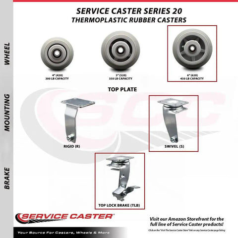 Tool Box Caster Wheel Set For Heavy Duty Mobility 6 Inch Non Marking Thermoplastic Rubber Flat Tread Wheels Industrial Grade Two Swivel With Top Lock Brakes Zero Maintenance Smooth Toolbox Rollability; Service Caster Series 20 thermoplastic rubber casters infographic with wheel and brake types displayed.