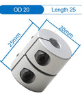 6mm To 6.35mm Aluminum Rigid Shaft Coupling With Set Screw Clamp, 20mm Diameter, 25mm Length; side view with size labels
