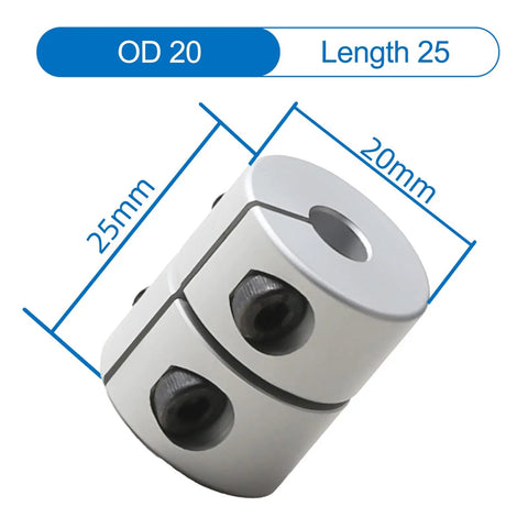 6mm To 6.35mm Aluminum Rigid Shaft Coupling With Set Screw Clamp, 20mm Diameter, 25mm Length; side view with size labels