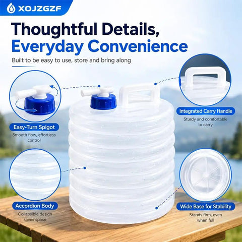 Collapsible Water Container With Spigot For Camping And Road Trips, featuring easy-turn spigot and accordion body on a wooden surface.
