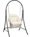 Macrame Hammock Chair With Stand Heavy Duty Swing Chair Cushioned Seat Natural Color For Patio Porch Outdoor Use Supports Up To 400 Lbs