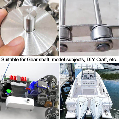 Assorted images of DIY crafts and metalworking projects using Three Quarters Inch Diameter 304 Stainless Steel Round Rod, Ten Inch Length, Solid Bar For DIY Metal Craft And Metalworking, Rust Resistant 1 Piece Great For DIY Projects And Jewelry Making, including mechanical models and a boat.