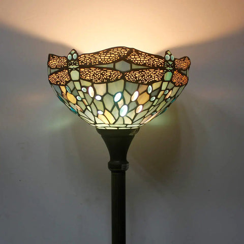 Sea Blue Tiffany Dragonfly Floor Lamp With 71 Inch Pole Torchiere And 12 Inch Shade Stained Glass Uplight