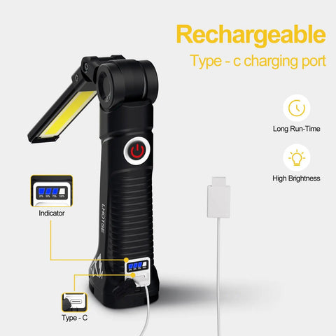 Rechargeable LED Work Light With Magnetic Base And Hanging Hook 360 Degree Rotation shown with Type C charging port