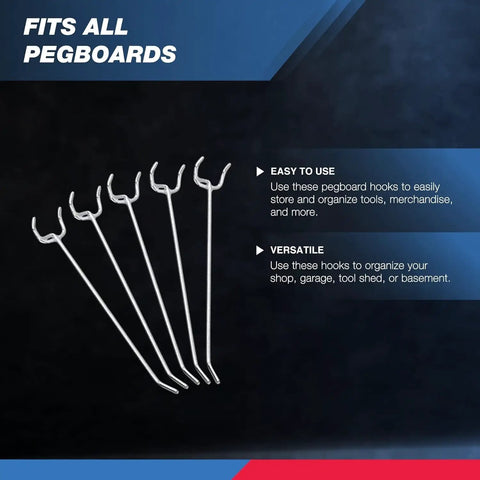 Six Inch Pegboard Hook Organizer Kit 50 Pack For Garage Wall Storage And Shelving displayed with product features.